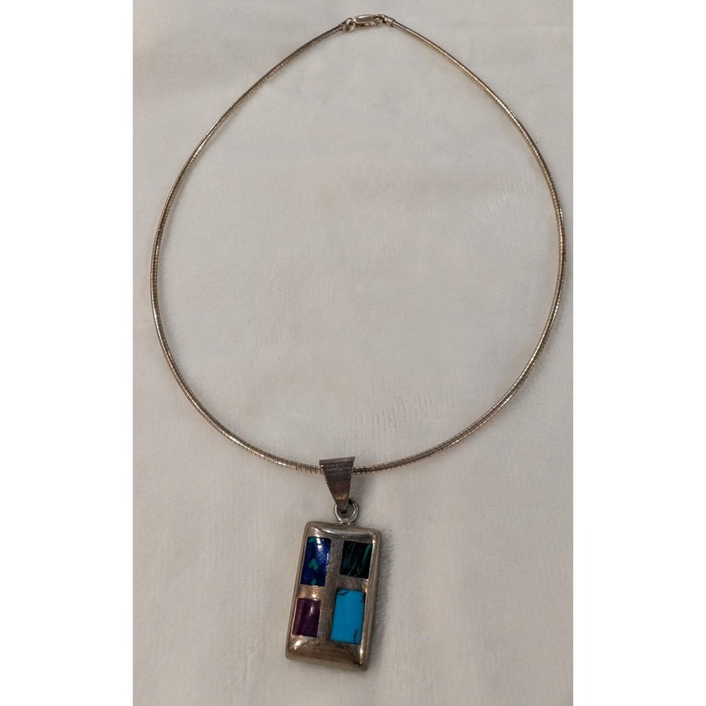 Silpada S0075 925 Sterling Omega Chain Necklace Multi Stone Inlay Pendant 16in